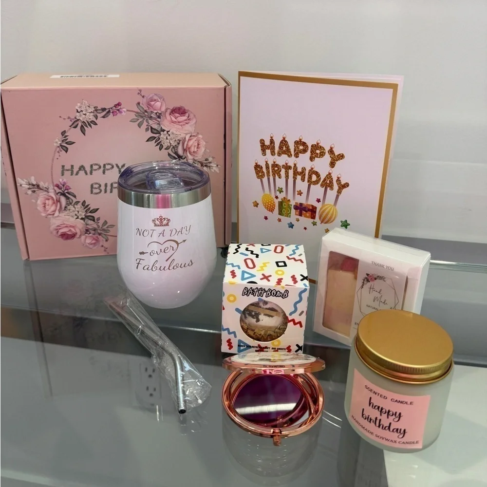Happy Birthday Gift Set Soy Candle Travel Mug Bath Bomb Soap Mirror